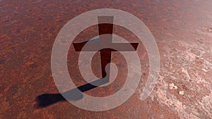 Cross on a  rusted corroded metal or steel sheet backround. 3d illustration metaphor for God, Christ