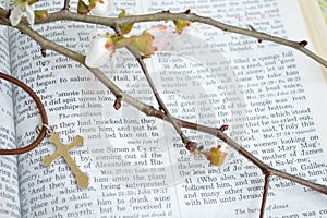 Cross, scripture, and flowers - closeup