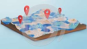 Cross section 3D Map with red point markers. Contour lines on a topographic map. Studying the geography of the area