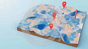 Cross section 3D Map with red point markers. Contour lines on a topographic map. Studying the geography of the area