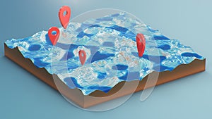 Cross section 3D Map with red point markers. Contour lines on a topographic map. Studying the geography of the area