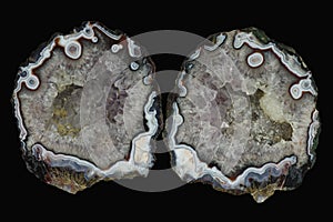 A cross section of the agate stone with quartz geode.