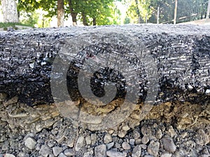 Cross section of asphalt, repair work of the pavement, street, mobile photo