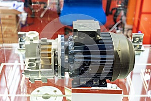 cross section detail component inside of centrifugal pump mounting with electric motor for water or fluid conveying or transport