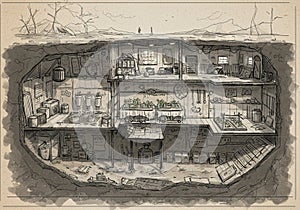 Cross-section drawing of a multi-level underground bunker. The top level features