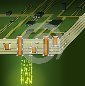 Cross-section of green motherboard