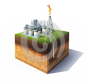 Cross section of ground with grass and oil or gas refinery