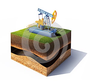 Cross section of ground with grass and oil pump jack isolated on white