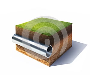 Cross section of ground with grass and steel pipe isolated on white