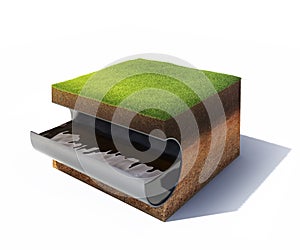 Cross section of ground with grass and steel pipe with oil isolated on white