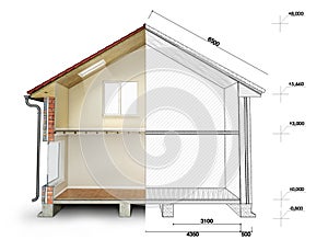 Cross section of half finished house with the drawing on the second half