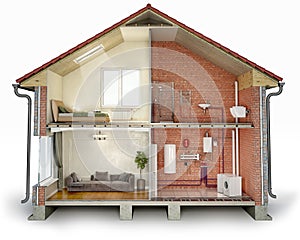 Cross section of house, divided into renovated part and unfinished part with pipes