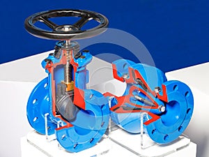 Cross-section of industrial shut-off valves with a rubberized wedge as a shut-off valve to prevent the movement of cold or hot