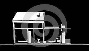 3d illustration of a small modern house drawing of two floors with pitched roof and terrace on upper floor.