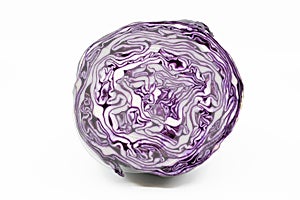 Cross section of a red cabbage on a white background