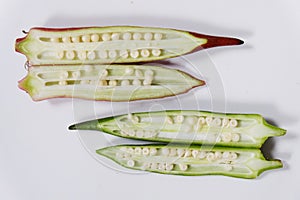 Cross section of red and green Okra or Okro or Lady Fingers