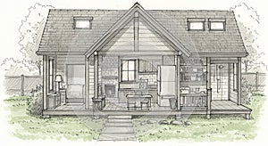 A cross-section sketch of a small house features a rustic design with a pitched roof,