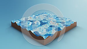 Cross section topographic 3D map with water. Contour lines on a topographic map. Studying the geography of the area