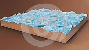 Cross section topographic 3D map with water. Contour lines on a topographic map. Studying the geography of the area