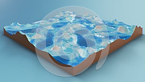 Cross section topographic 3D map with water. Contour lines on a topographic map. Studying the geography of the area