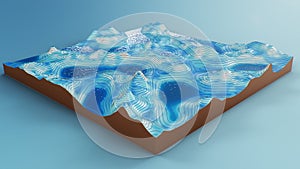 Cross section topographic 3D map with water. Contour lines on a topographic map. Studying the geography of the area