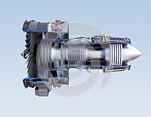 Cross section of turbofan jet engine isolated on light blue background