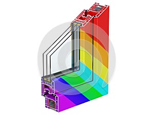 Cross section through a window PVC profile laminated multi-colored or rainbow color. 3D render, isolated on white