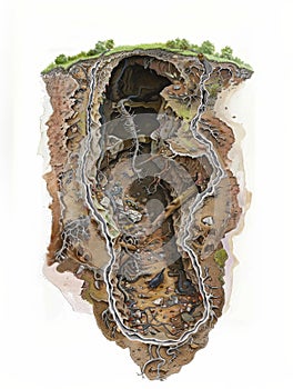 A cross-sectional illustration that captures the complexity and biodiversity of an underground ecosystem.