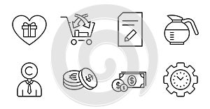 Cross sell, Coffeepot and Edit document icons set. Dollar money, Time management and Romantic gift signs. Vector