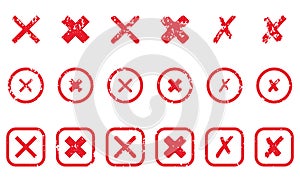 Cross Shape Silhouette Icon Set. Red Grunge Mark In Box And Circle Pictogram. Delete, Cancel, Reject, Ban Sign. Wrong