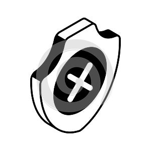 Cross on shield, isometric icon of security alert or no security vector, not verified