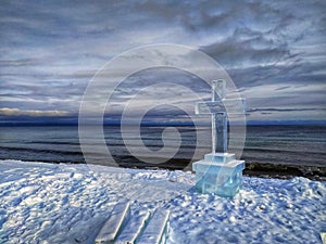 Cross on the shore of Lake Baikal in Siberia