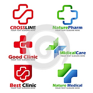 Cross sign for Medical clinic and Natural care logo vector set design