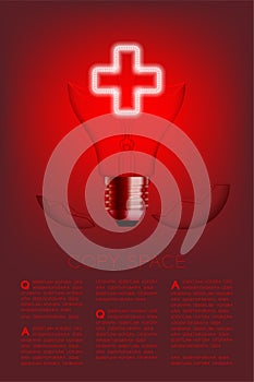 Cross sign shape broken Incandescent light bulb switch on set Medical organization concept, illustration isolated glow in red