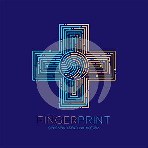 Cross sign shape Fingerprint pattern logo dash line, Safety technology concept design, Editable stroke illustration blue and