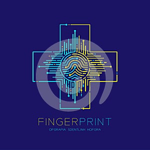 Cross sign shape Fingerprint pattern logo dash line, Safety technology concept design, Editable stroke illustration blue and