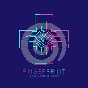 Cross sign shape Fingerprint pattern logo dash line, Safety technology concept design, Editable stroke illustration blue and pink