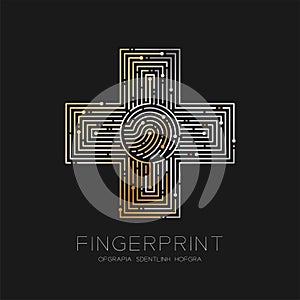 Cross sign shape Fingerprint pattern logo dash line, Safety technology concept design illustration gold and silver isolated on