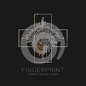 Cross sign shape Fingerprint pattern logo dash line, Safety technology concept design illustration gold and silver isolated on