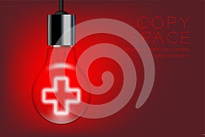 Cross sign shape Incandescent light bulb switch on set Medical organization concept, illustration isolated glow in red gradient