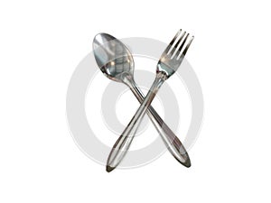 Cross silver spoon and fork isolated on white background - with clipping parth