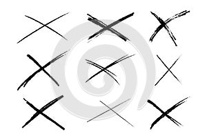 Cross sketch grunge scribble set X shape sign, mark on white background. Strikethrough textured brush charcoal or marker