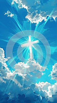 A cross stands prominently in the center of a cloudy sky, with rays of light breaking through the overcast weather, Generative AI