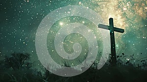 Cross and stars double exposure signifies Christ\'s sacrifice.