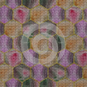 Cross-stitch. Embroidery. Hexagon seamless texture. Grid. Mosaic. Geometric openwork. Pattern in multicolor hexagon. Modern