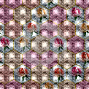 Cross-stitch. Embroidery. Hexagon seamless texture. Grid. Mosaic. Geometric openwork. Pattern in multicolor hexagon. Modern