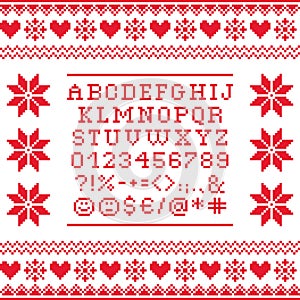 Cross stitch uppercase alphabet with numbers and symbols pattern, embroidery design