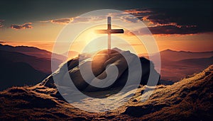 Cross at Sunset Easter- Christmas Theme Landscape Background AI Generative