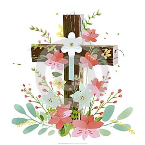 A cross surrounded by flowers and leaves. For Christian backgrounds, decorations, prints, flat colorful Easter