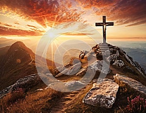 Cross on the top of the mountain. AI generated.